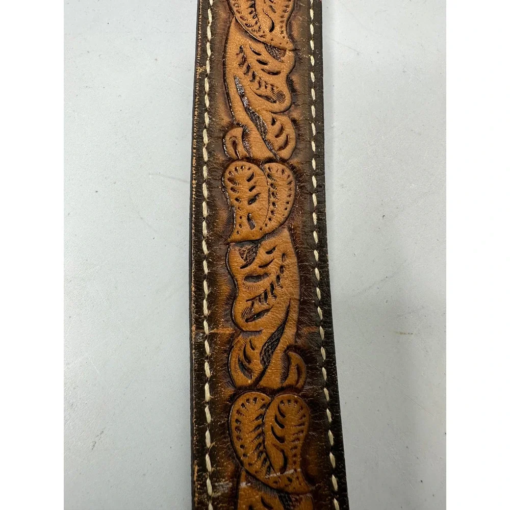 Vintage Hand Tooled Leather Floral Belt Brown Western Boho Silver Buckle 31in